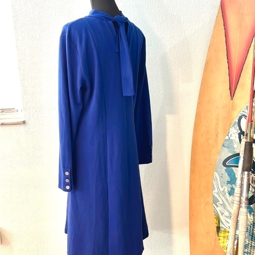 Ann Taylor, Cobalt Blue Knit Swing Dress Mock Neck Back Bow Long Sleeve Size L - Picture 9 of 11